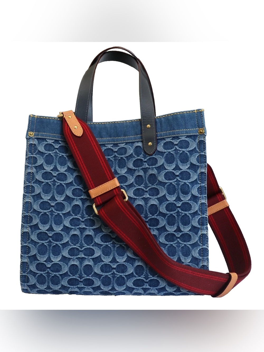 Coach Blue Washed Denim Signature Field Tote with Red Crossbody Strap